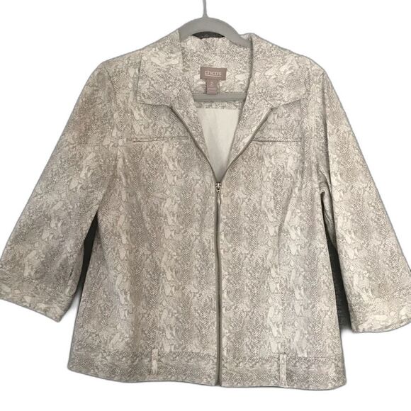 Chico’s Jacket Women Sze 12 Animal Print Cotton 3/4 Sleeves Front Zipper Pockets - Picture 5 of 11
